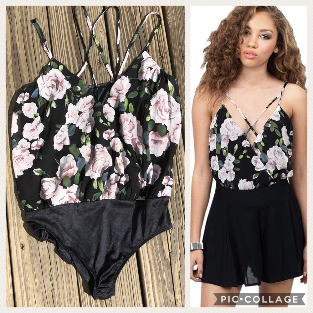 TOBI Floral Body Suit Medium Black Pink